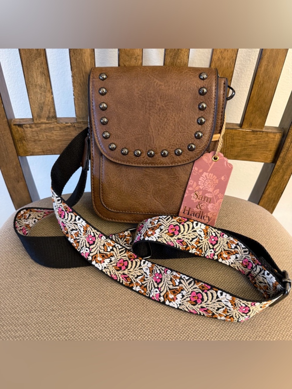 Sam & Hadley Vegan Leather Crossbody  w/ Guitar-style Strap and Studded Details